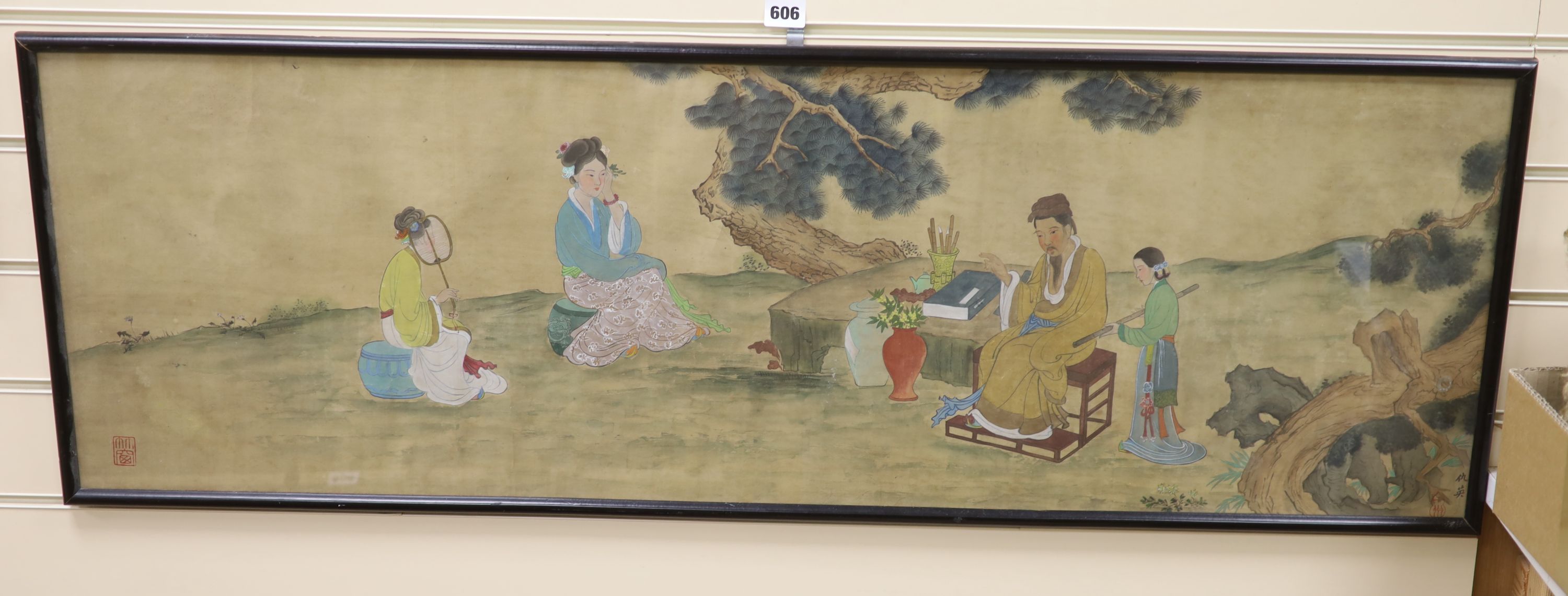 Japanese School, watercolour on paper, Figures seated in a garden, 36 x 112cm